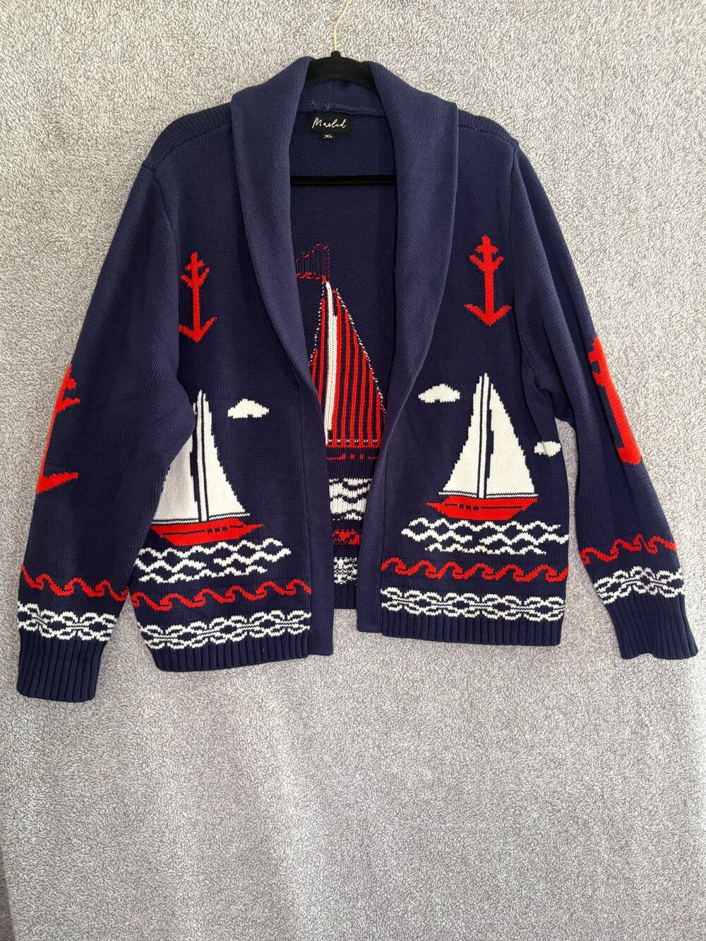Marled XL Sailboat Cardigan Sweater Nautical Coastal Navy